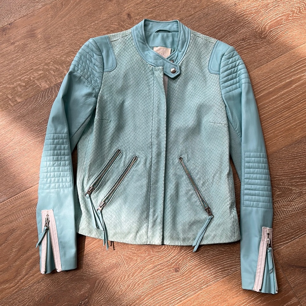 STUNNING and really unique blue leather jacket